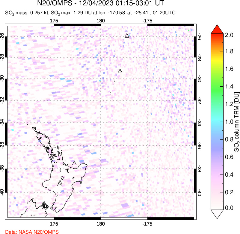 A sulfur dioxide image over New Zealand on Dec 04, 2023.