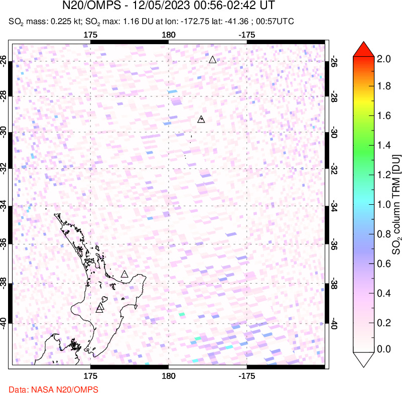 A sulfur dioxide image over New Zealand on Dec 05, 2023.