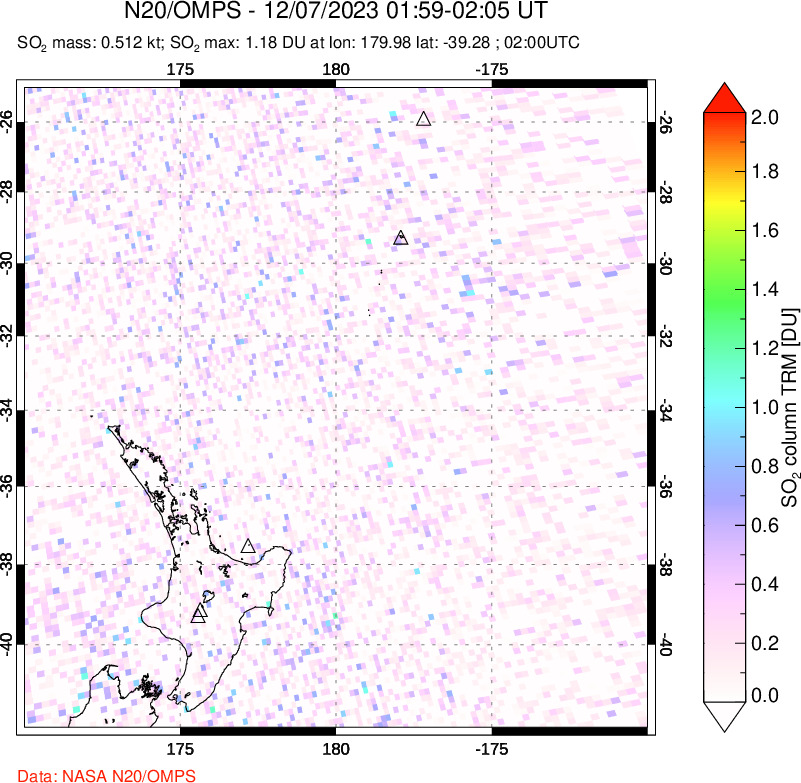 A sulfur dioxide image over New Zealand on Dec 07, 2023.