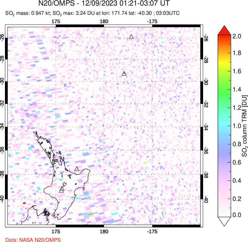 A sulfur dioxide image over New Zealand on Dec 09, 2023.