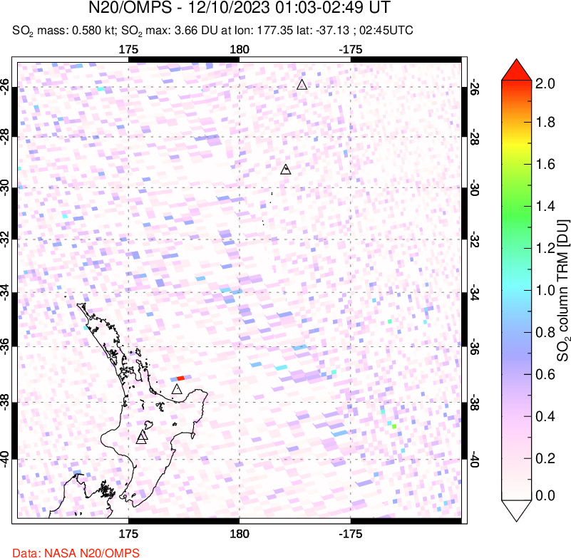 A sulfur dioxide image over New Zealand on Dec 10, 2023.