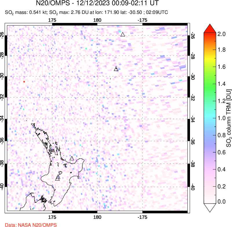 A sulfur dioxide image over New Zealand on Dec 12, 2023.