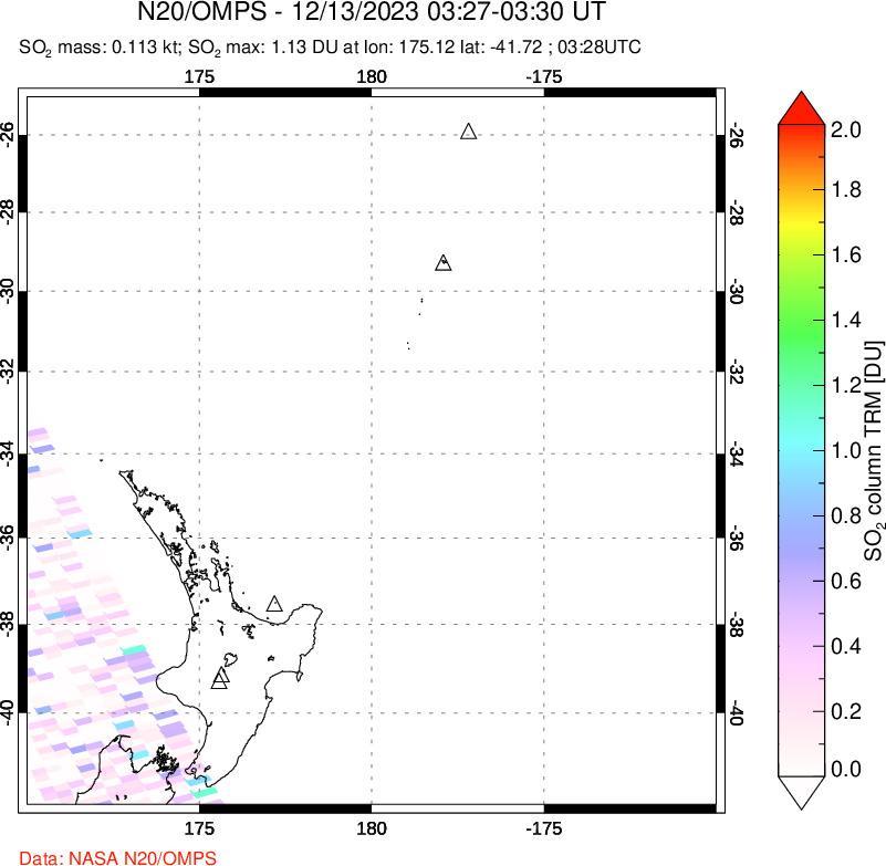 A sulfur dioxide image over New Zealand on Dec 13, 2023.