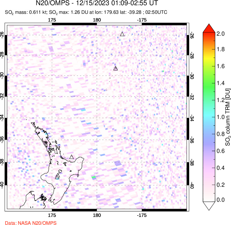 A sulfur dioxide image over New Zealand on Dec 15, 2023.