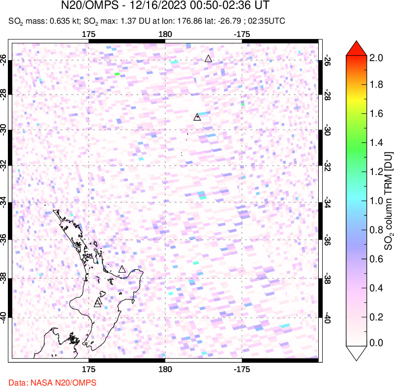 A sulfur dioxide image over New Zealand on Dec 16, 2023.