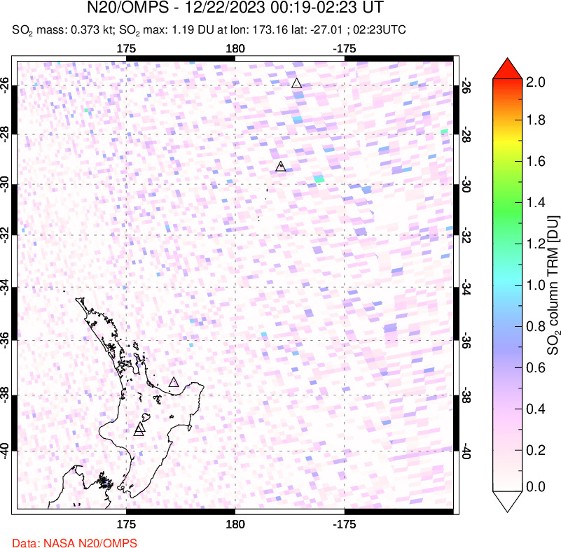 A sulfur dioxide image over New Zealand on Dec 22, 2023.