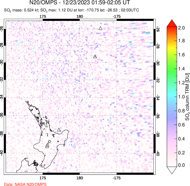 A sulfur dioxide image over New Zealand on Dec 23, 2023.