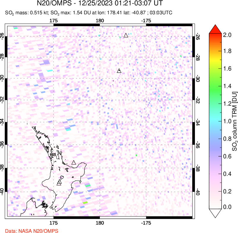 A sulfur dioxide image over New Zealand on Dec 25, 2023.