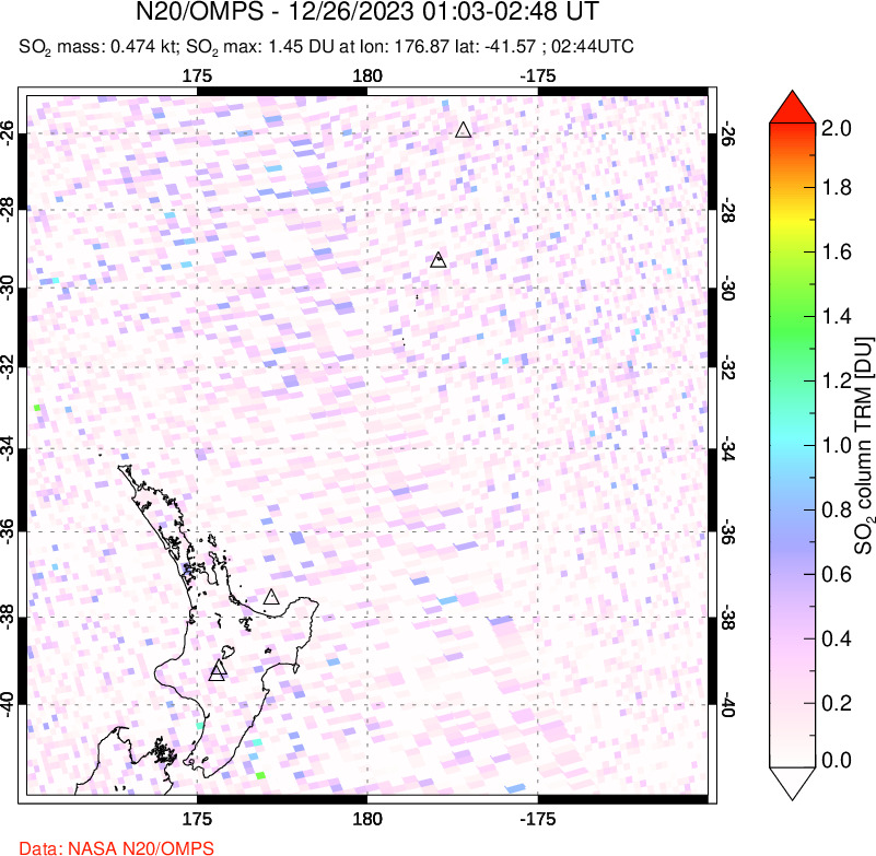 A sulfur dioxide image over New Zealand on Dec 26, 2023.