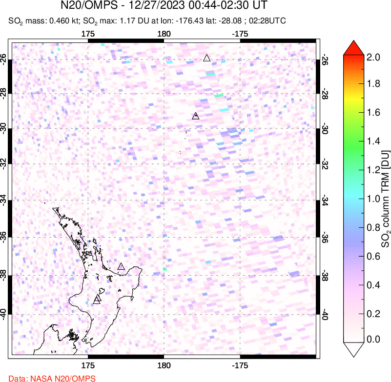 A sulfur dioxide image over New Zealand on Dec 27, 2023.