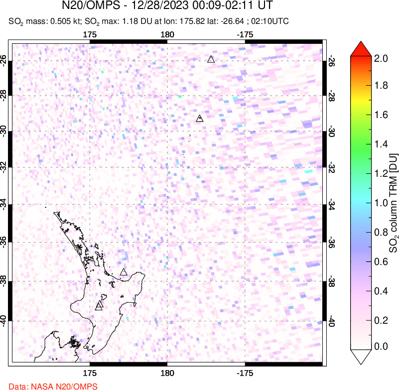 A sulfur dioxide image over New Zealand on Dec 28, 2023.