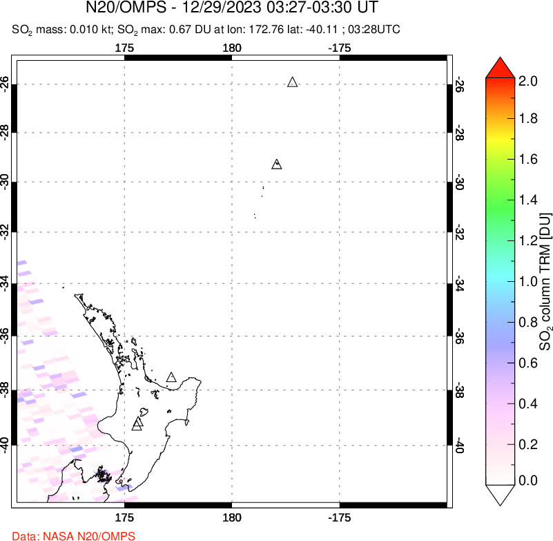 A sulfur dioxide image over New Zealand on Dec 29, 2023.