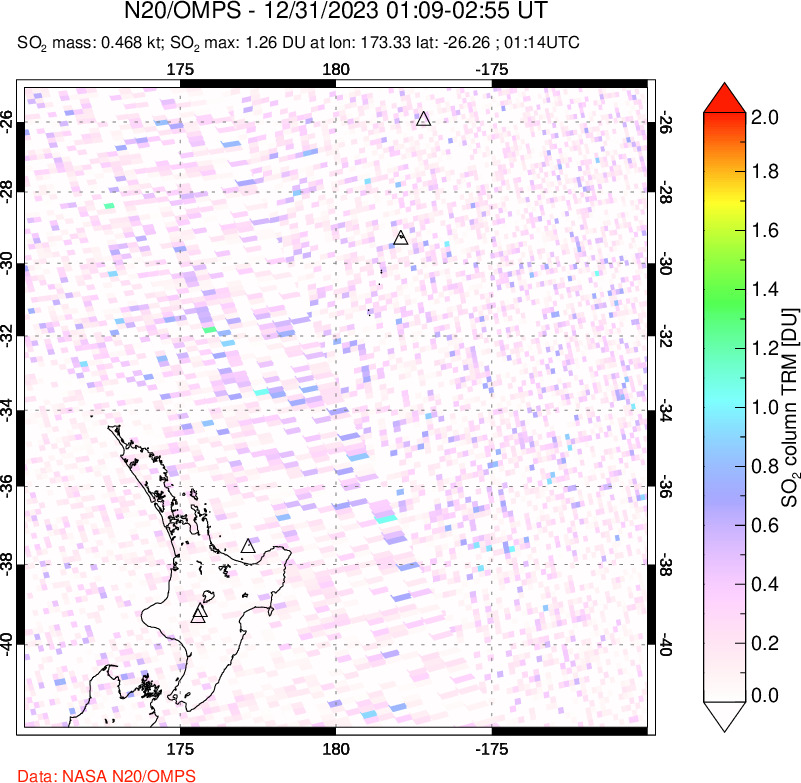 A sulfur dioxide image over New Zealand on Dec 31, 2023.