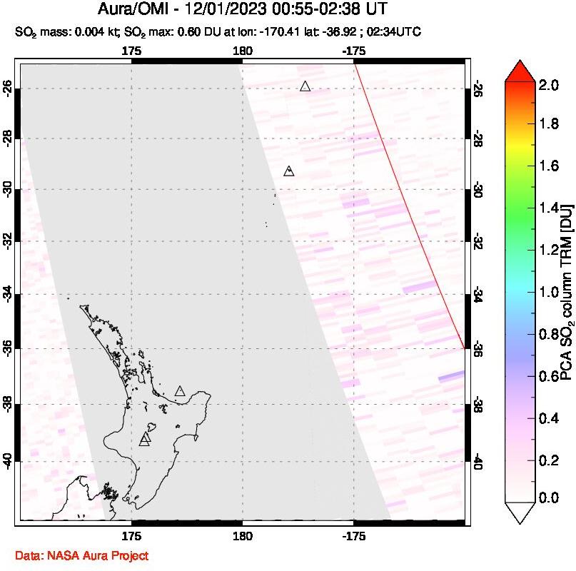 A sulfur dioxide image over New Zealand on Dec 01, 2023.
