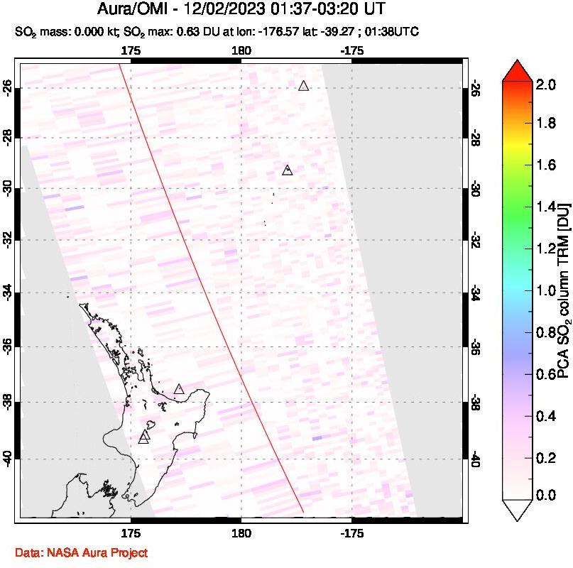 A sulfur dioxide image over New Zealand on Dec 02, 2023.