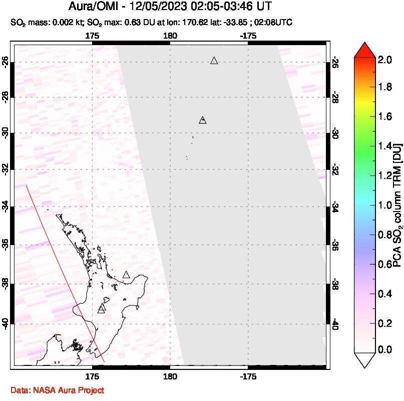 A sulfur dioxide image over New Zealand on Dec 05, 2023.