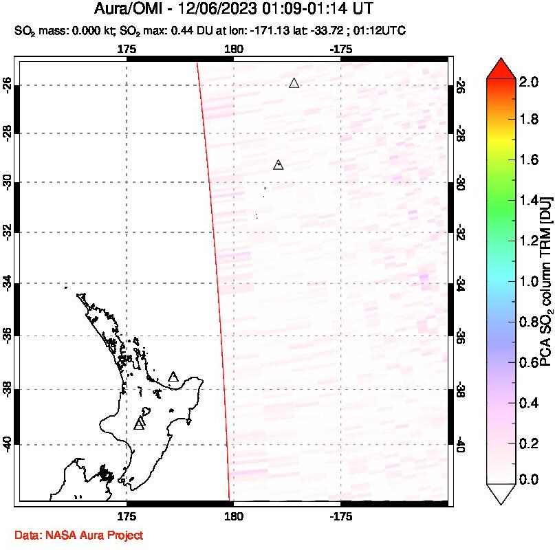 A sulfur dioxide image over New Zealand on Dec 06, 2023.