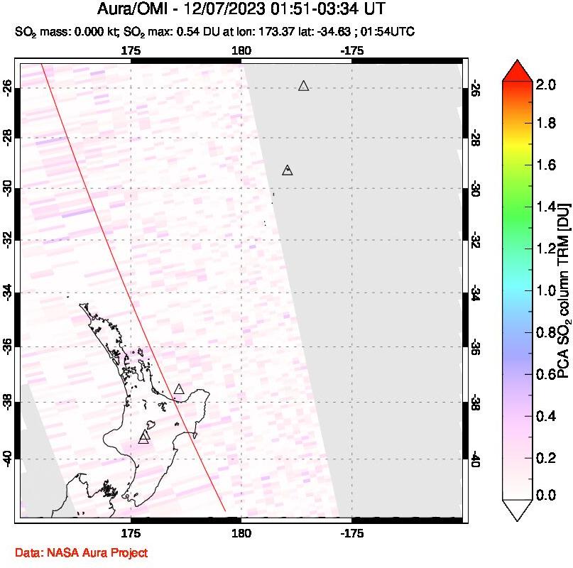 A sulfur dioxide image over New Zealand on Dec 07, 2023.