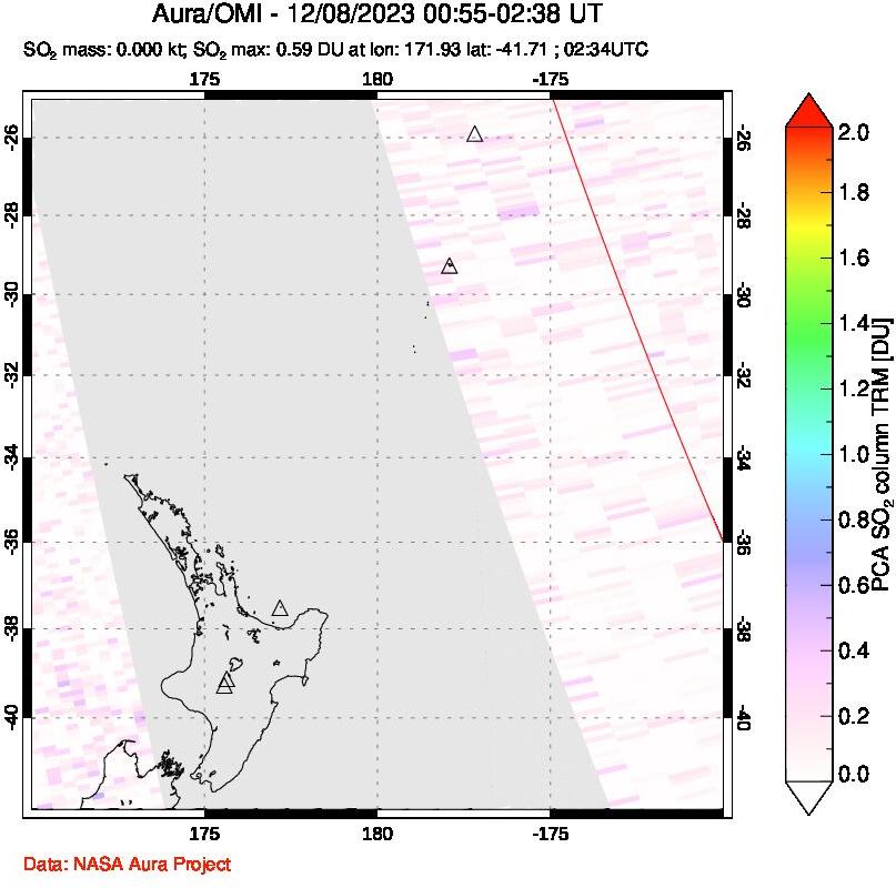 A sulfur dioxide image over New Zealand on Dec 08, 2023.
