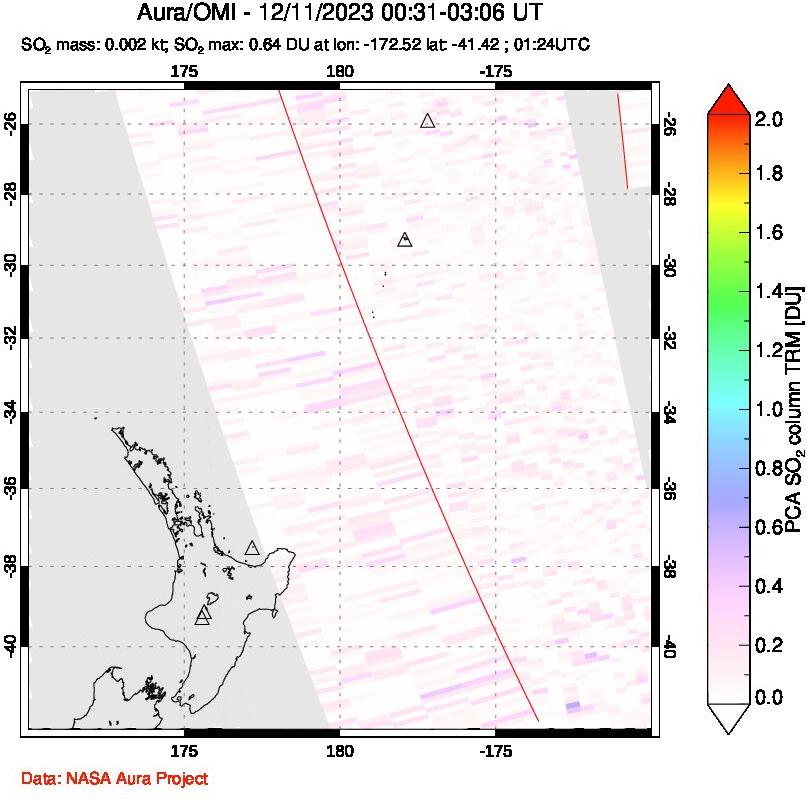 A sulfur dioxide image over New Zealand on Dec 11, 2023.