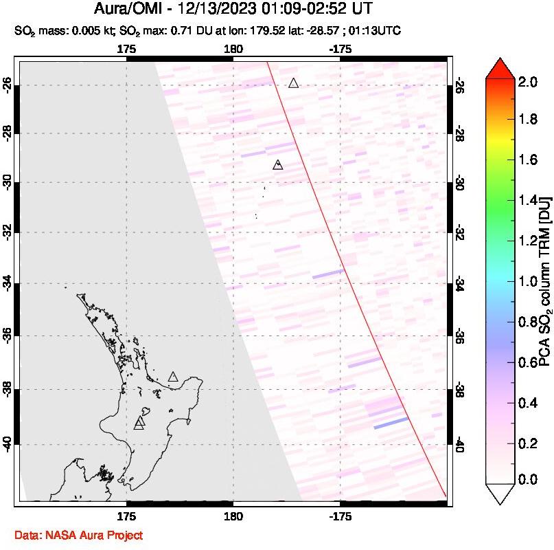 A sulfur dioxide image over New Zealand on Dec 13, 2023.