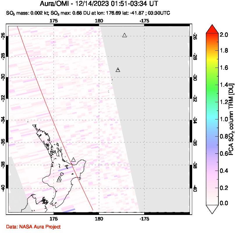 A sulfur dioxide image over New Zealand on Dec 14, 2023.
