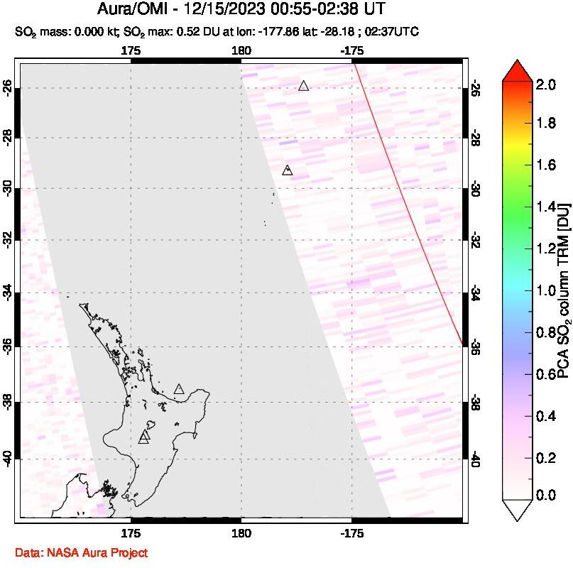 A sulfur dioxide image over New Zealand on Dec 15, 2023.