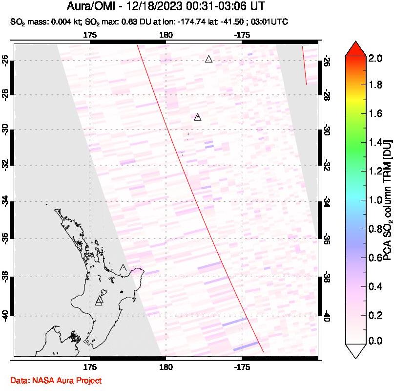 A sulfur dioxide image over New Zealand on Dec 18, 2023.