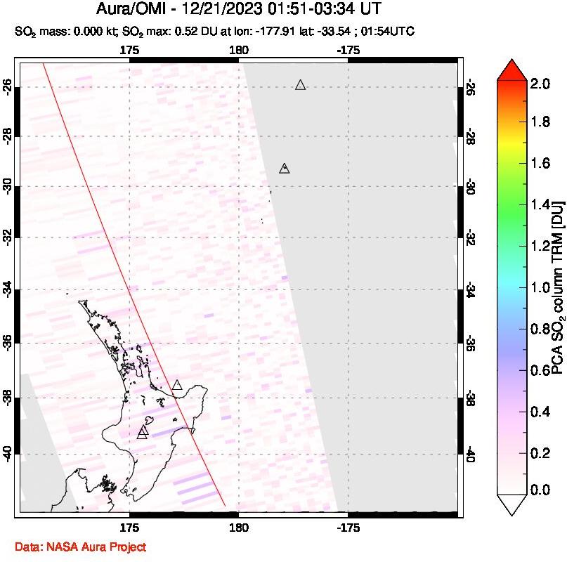 A sulfur dioxide image over New Zealand on Dec 21, 2023.