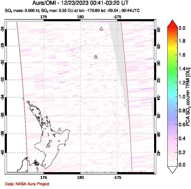 A sulfur dioxide image over New Zealand on Dec 23, 2023.