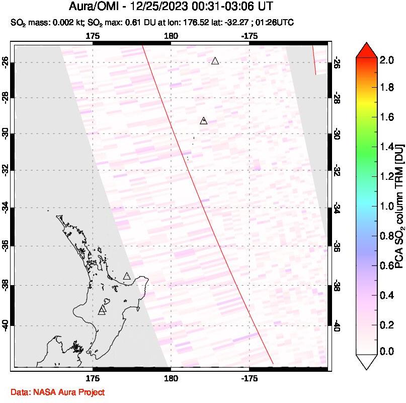 A sulfur dioxide image over New Zealand on Dec 25, 2023.