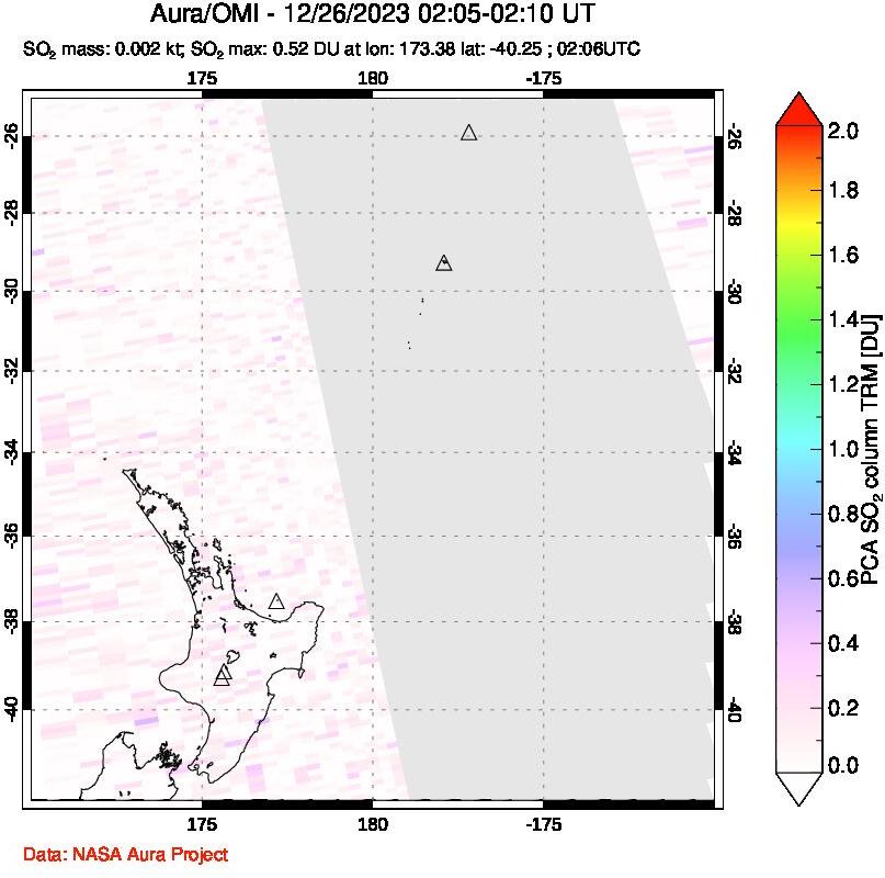 A sulfur dioxide image over New Zealand on Dec 26, 2023.