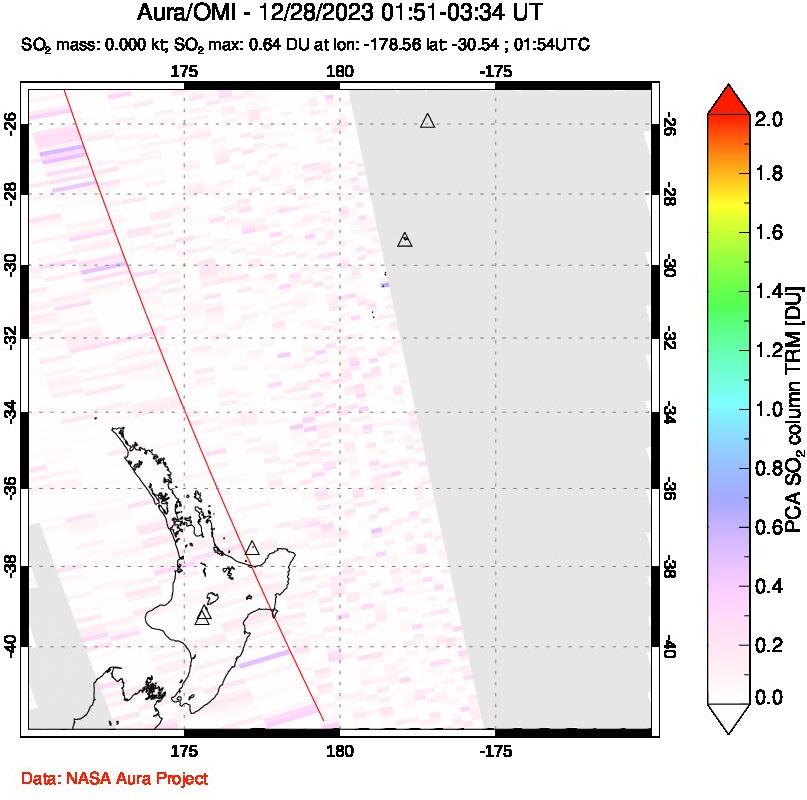 A sulfur dioxide image over New Zealand on Dec 28, 2023.