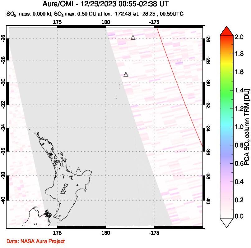 A sulfur dioxide image over New Zealand on Dec 29, 2023.