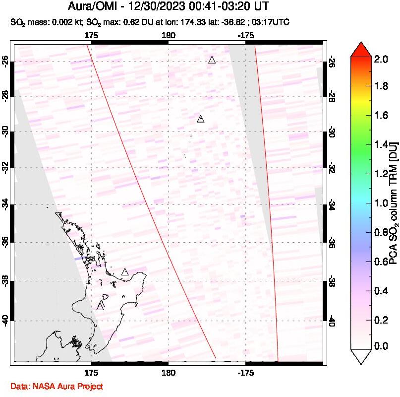 A sulfur dioxide image over New Zealand on Dec 30, 2023.