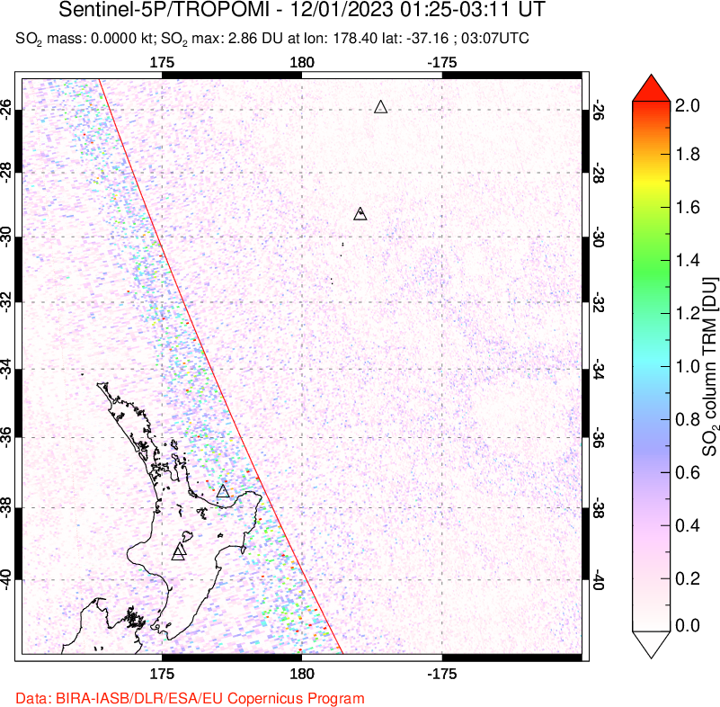 A sulfur dioxide image over New Zealand on Dec 01, 2023.