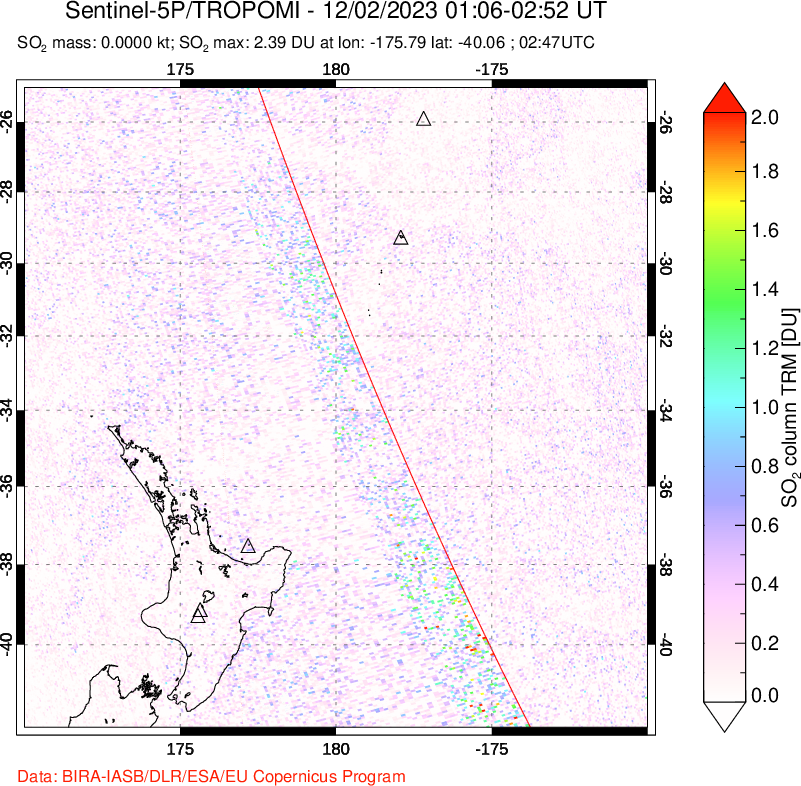 A sulfur dioxide image over New Zealand on Dec 02, 2023.