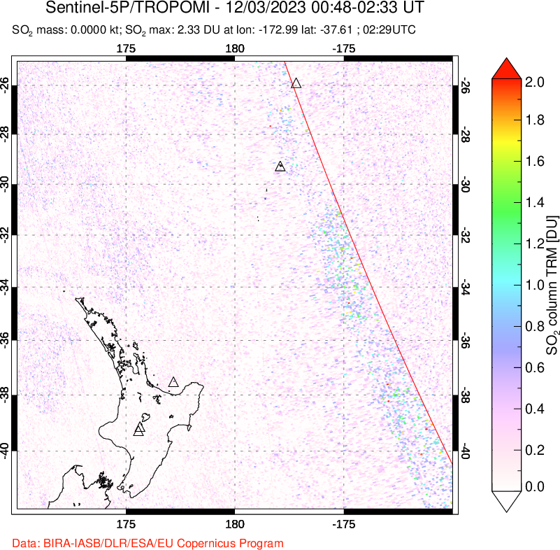 A sulfur dioxide image over New Zealand on Dec 03, 2023.