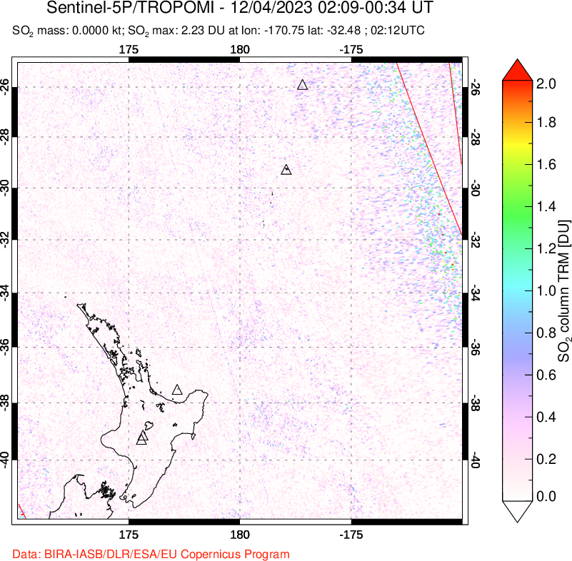 A sulfur dioxide image over New Zealand on Dec 04, 2023.