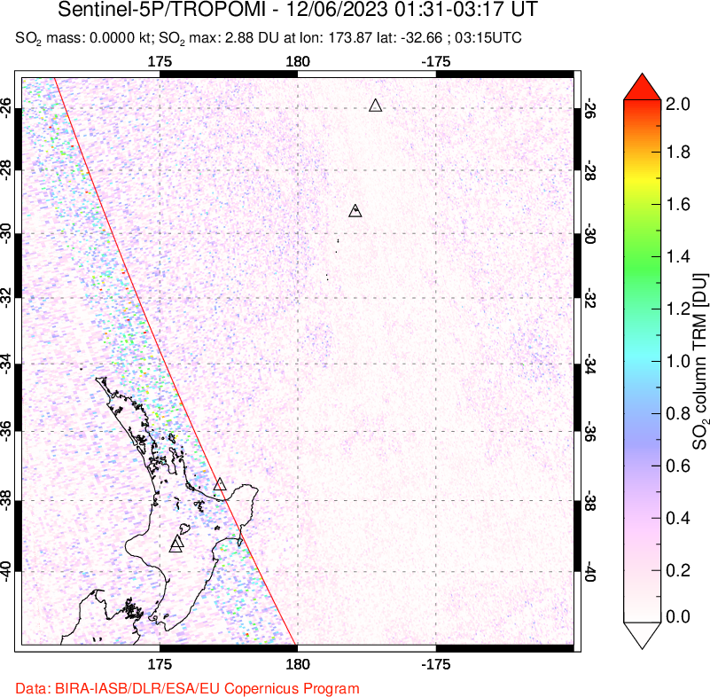 A sulfur dioxide image over New Zealand on Dec 06, 2023.