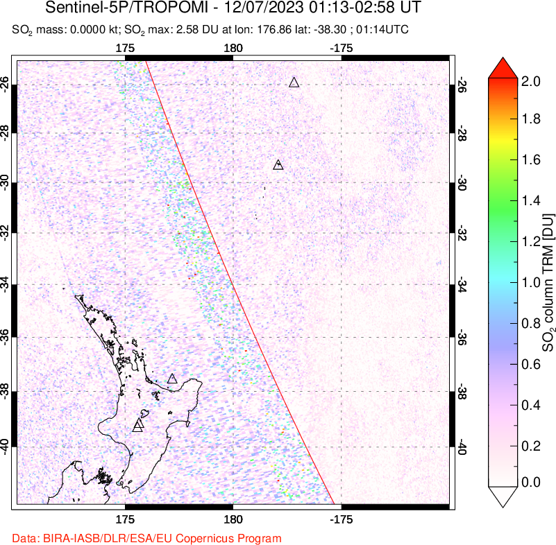 A sulfur dioxide image over New Zealand on Dec 07, 2023.