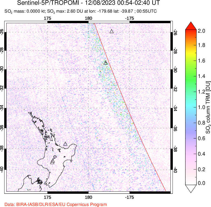 A sulfur dioxide image over New Zealand on Dec 08, 2023.