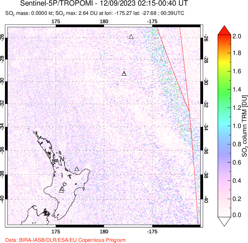 A sulfur dioxide image over New Zealand on Dec 09, 2023.