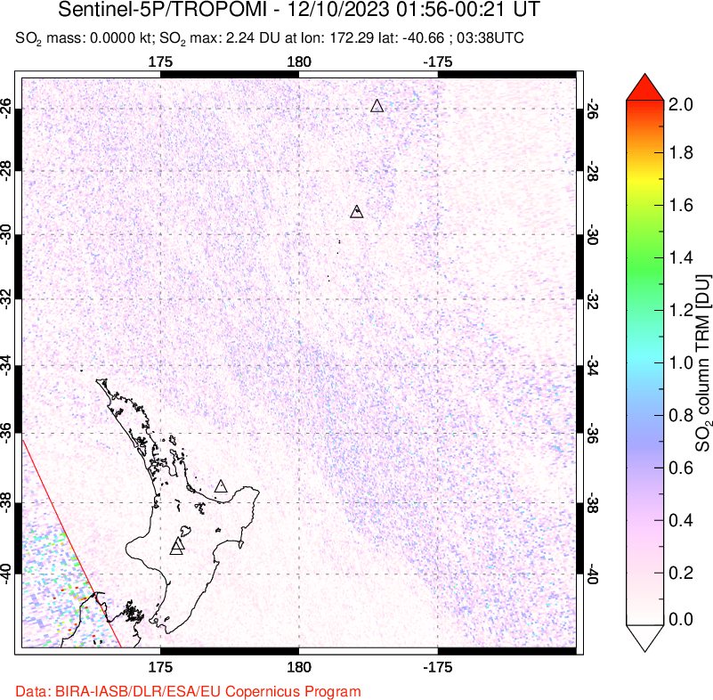 A sulfur dioxide image over New Zealand on Dec 10, 2023.