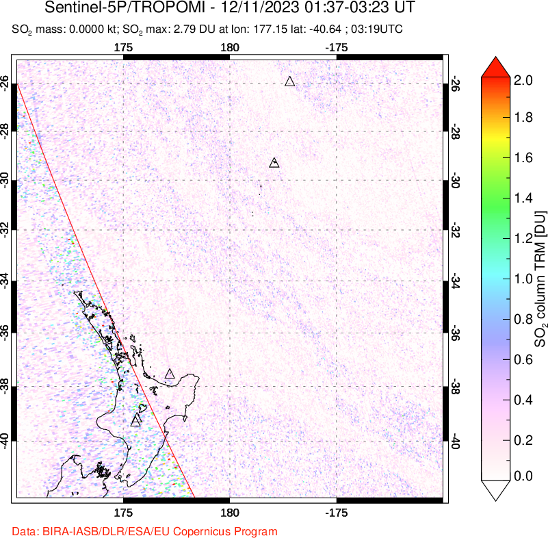 A sulfur dioxide image over New Zealand on Dec 11, 2023.