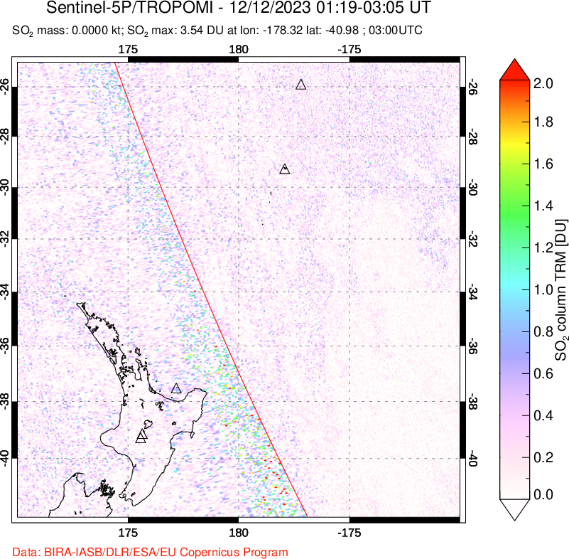 A sulfur dioxide image over New Zealand on Dec 12, 2023.