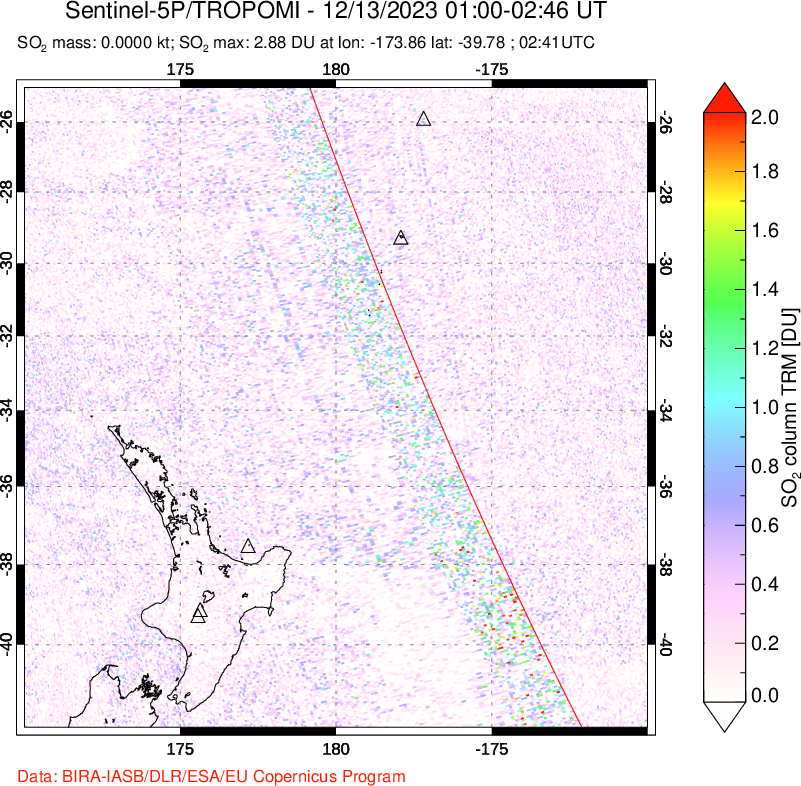 A sulfur dioxide image over New Zealand on Dec 13, 2023.