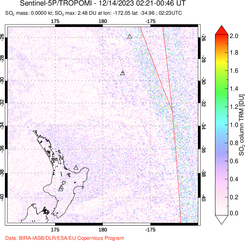 A sulfur dioxide image over New Zealand on Dec 14, 2023.