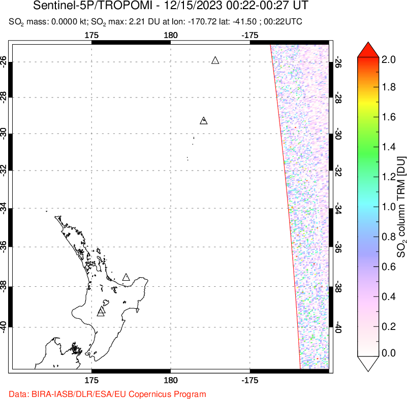 A sulfur dioxide image over New Zealand on Dec 15, 2023.