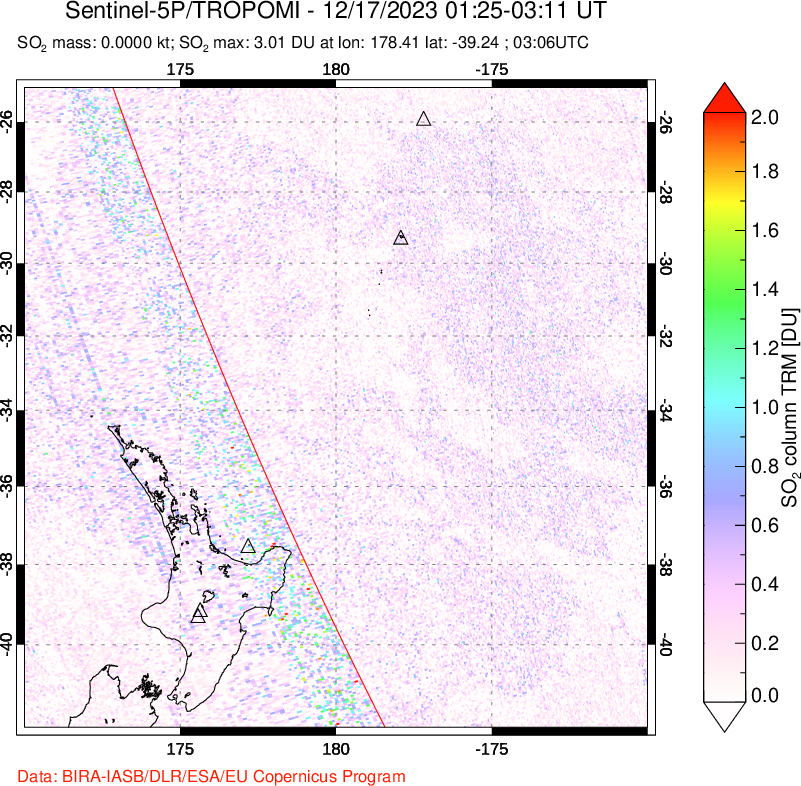 A sulfur dioxide image over New Zealand on Dec 17, 2023.